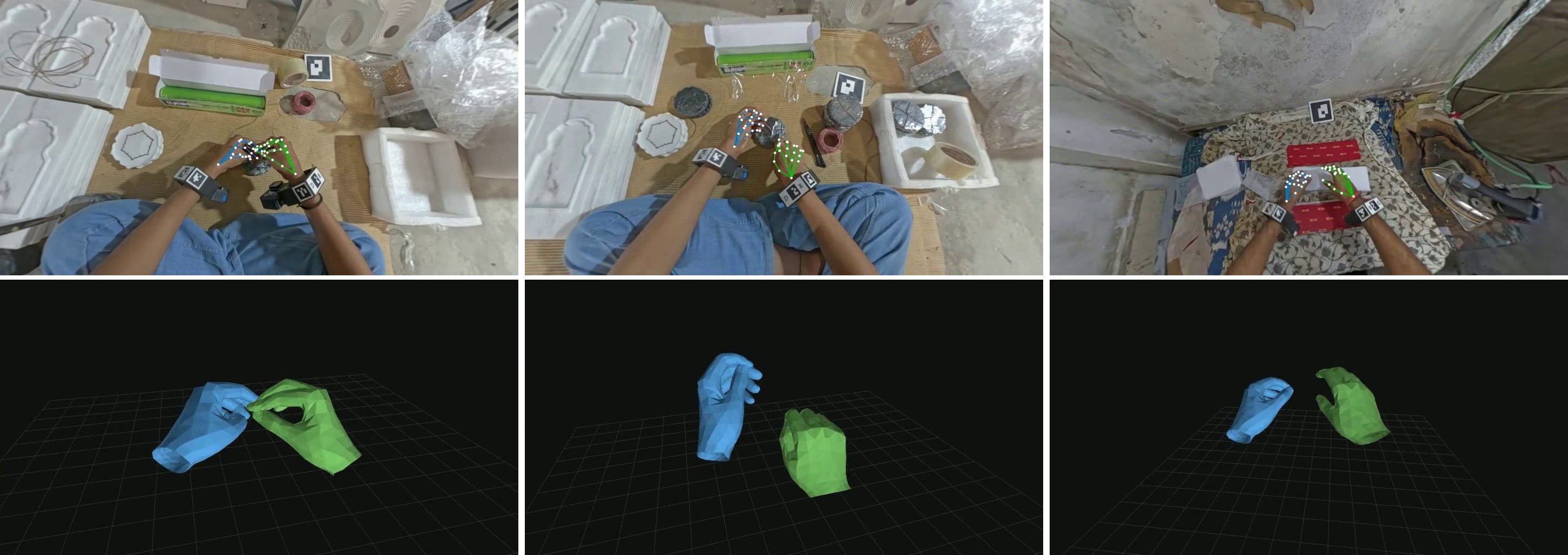 Three workplace recordings: camera views with estimated hand joints above the recovered 3D hands